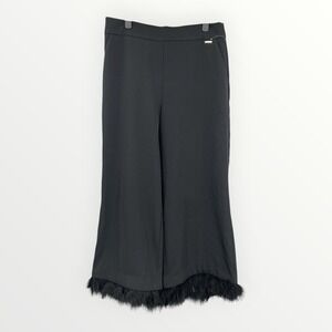 Anne Klein AK Black Wide Leg Feather Trim Trousers Womens Medium Gothic Boudoir‎
